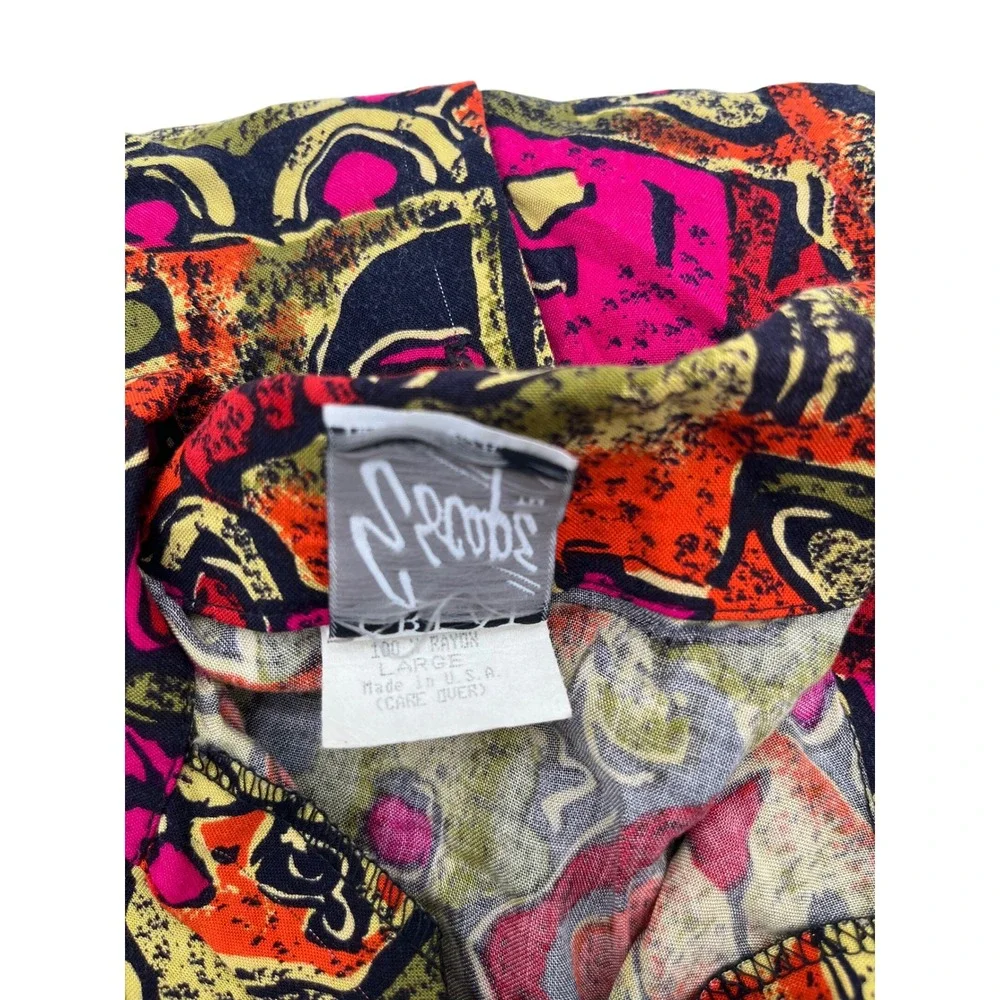Vintage Great Escape 2 Piece Set Abstract Rayon Shirt Shorts Pink Orange Large